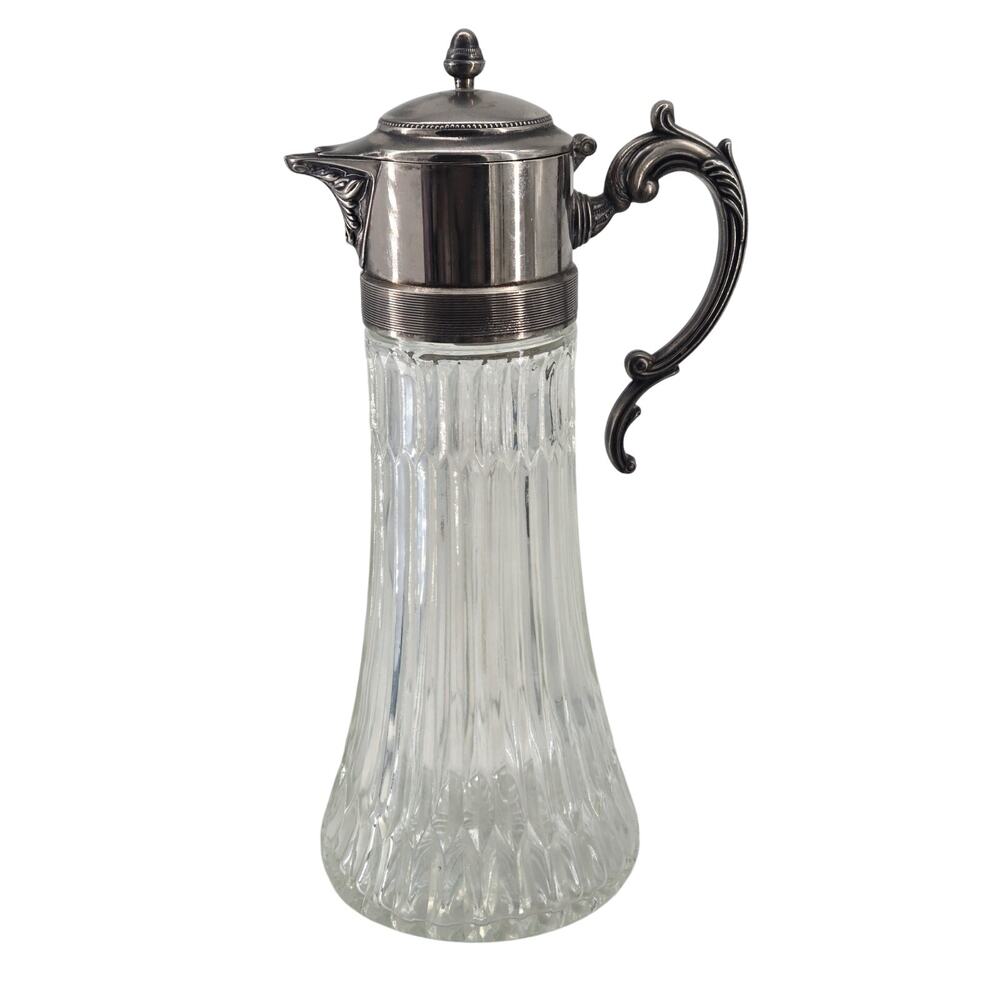 Large Heavy Cut Glass 14.5" Carafe Diamond Pattern Ornate Silver Plate Handle